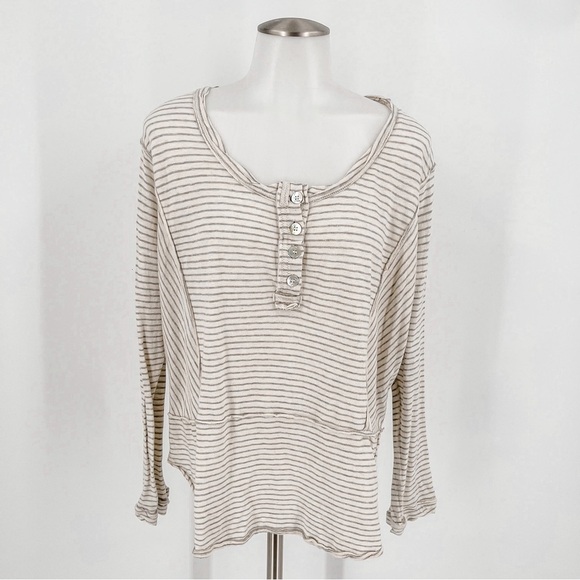 Free People Top Hong Kong Henley Natural Striped Linen Blend Women's Tunic - Picture 1 of 3